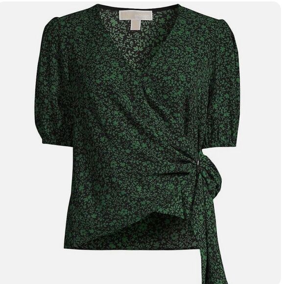 Michael Kors black & moss green floral print wrap front blouse sz PS, PM,XS, XXL - Picture 2 of 8